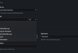 Einstellungen des Inhaltselements für die Contao Händlerbund Rechtstexte Erweiterung